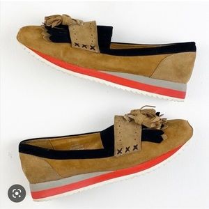Jeffrey Campbell Billy Kilt suede leather tassel fringe  loafers 10.5 red camel